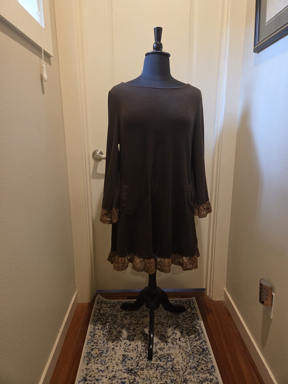 Reborn Brown Long-Sleeve Lace-Trim Swing Knit Jersey Dress